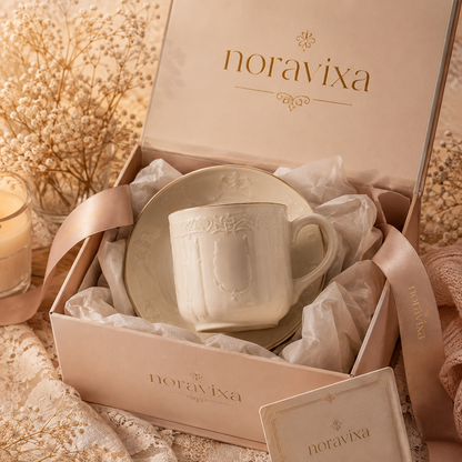 Noravixa®| Embossed Pearl Ceramic Mug with Saucer ❤️