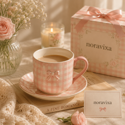 Noravixa®| Blush Gingham Mug with Saucer ❤️