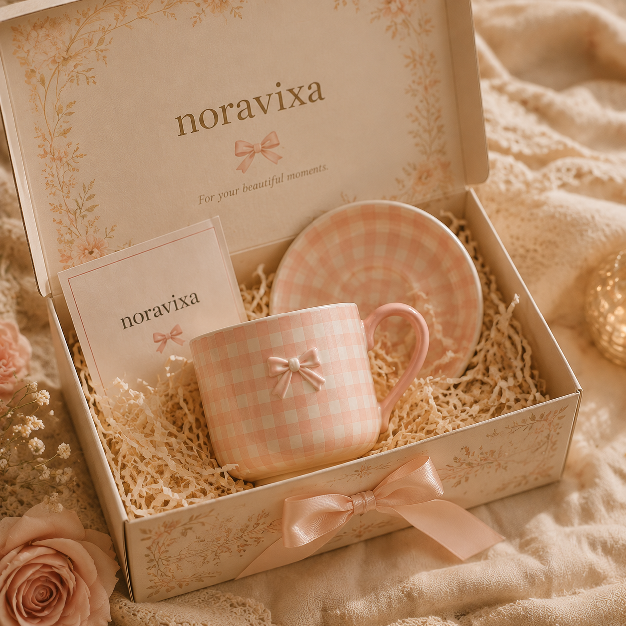 Noravixa®| Blush Gingham Mug with Saucer ❤️