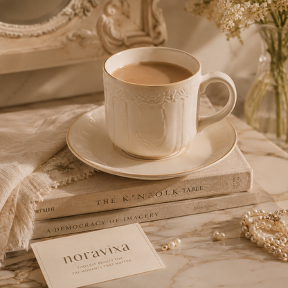 Noravixa®| Embossed Pearl Ceramic Mug with Saucer ❤️