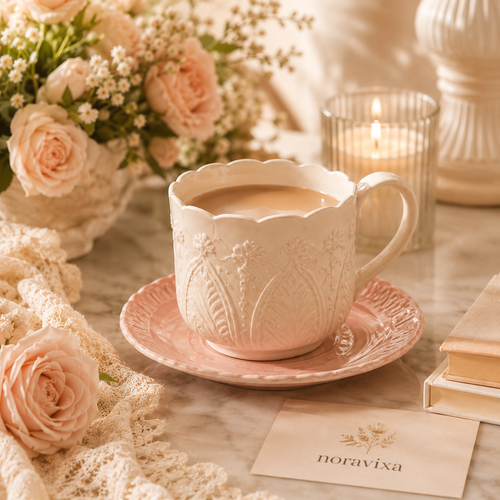 Noravixa®| Rose Embossed Pink Ceramic Mug with Saucer ❤️