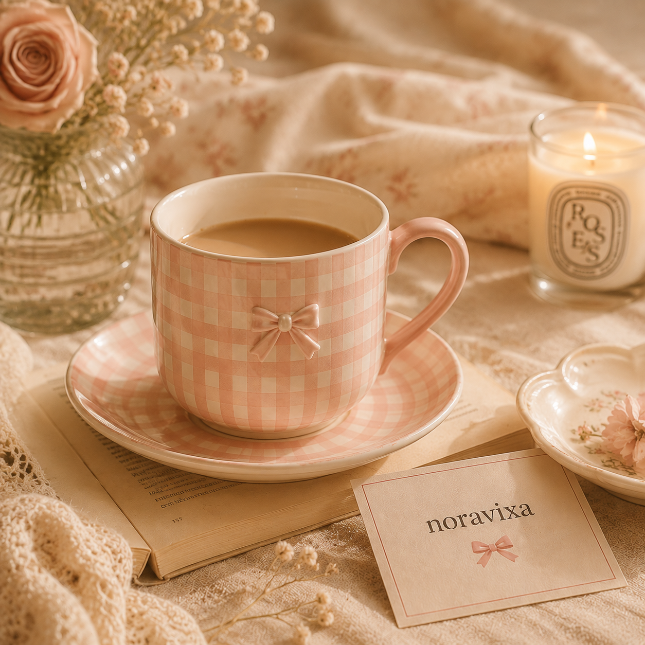 Noravixa®| Blush Gingham Mug with Saucer ❤️
