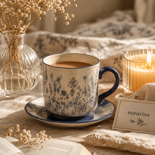 Noravixa®| Blue Toile Mug with Saucer ❤️