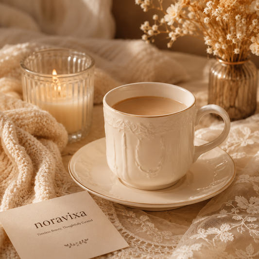 Noravixa®| Embossed Pearl Ceramic Mug with Saucer ❤️