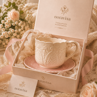 Noravixa®| Rose Embossed Pink Ceramic Mug with Saucer ❤️