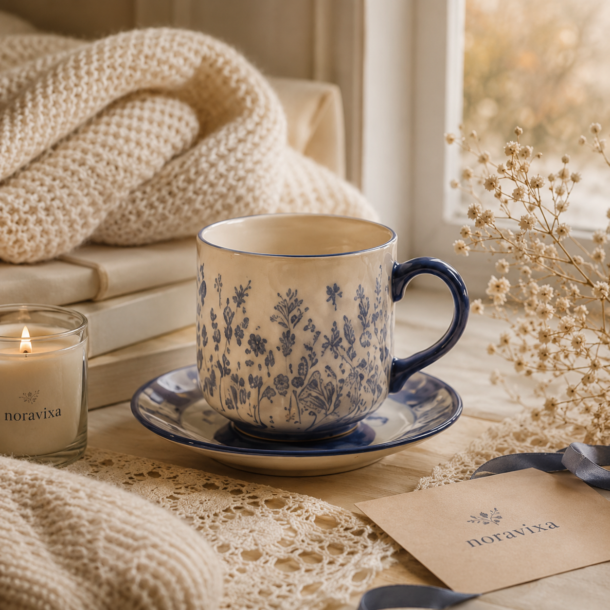 Noravixa®| Blue Toile Mug with Saucer ❤️