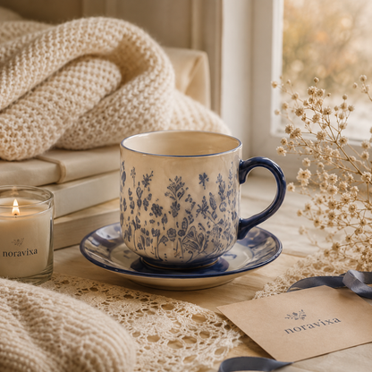 Noravixa®| Blue Toile Mug with Saucer ❤️