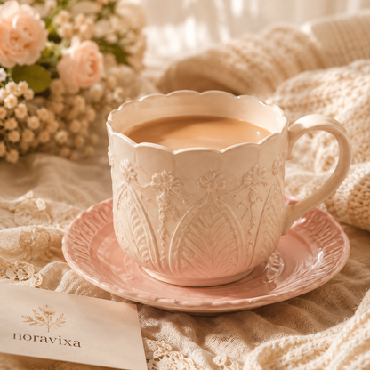 Noravixa®| Rose Embossed Pink Ceramic Mug with Saucer ❤️